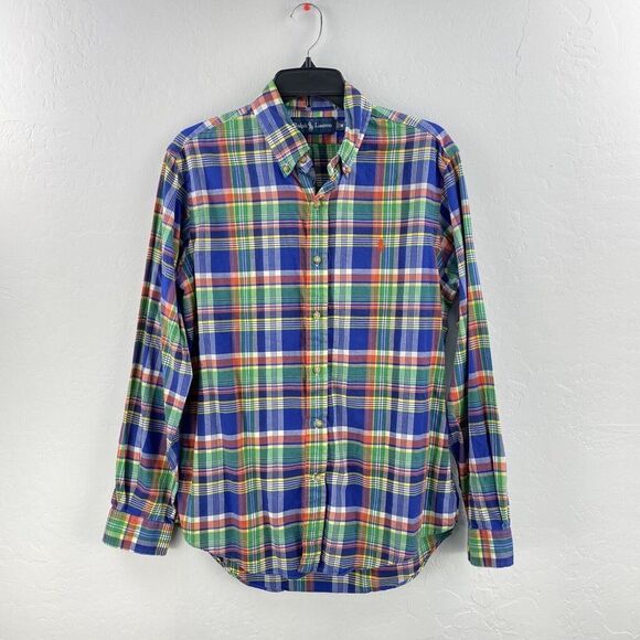 Ralph Lauren Flannel Shirt Long Sleeve Button Down Mens M Blue Plaid Orange Pony - Picture 1 of 6